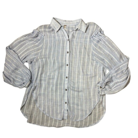 Free People Button Down Top Women's Small Light Blue Frayed Shoulder Hem Flowy - Picture 7 of 11